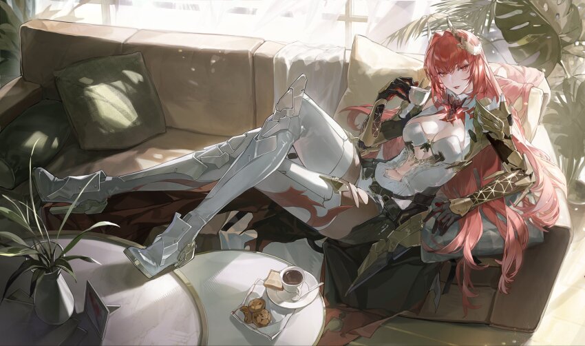 1girl, bread, breasts, cleavage, clothing_cutout, commentary_request, cookie, couch