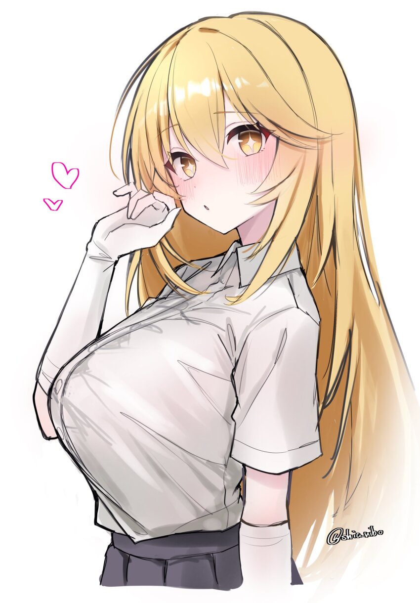 1girl, adjusting_hair, blonde_hair, blush, breasts, bright_pupils, collared_shirt, commentary_request