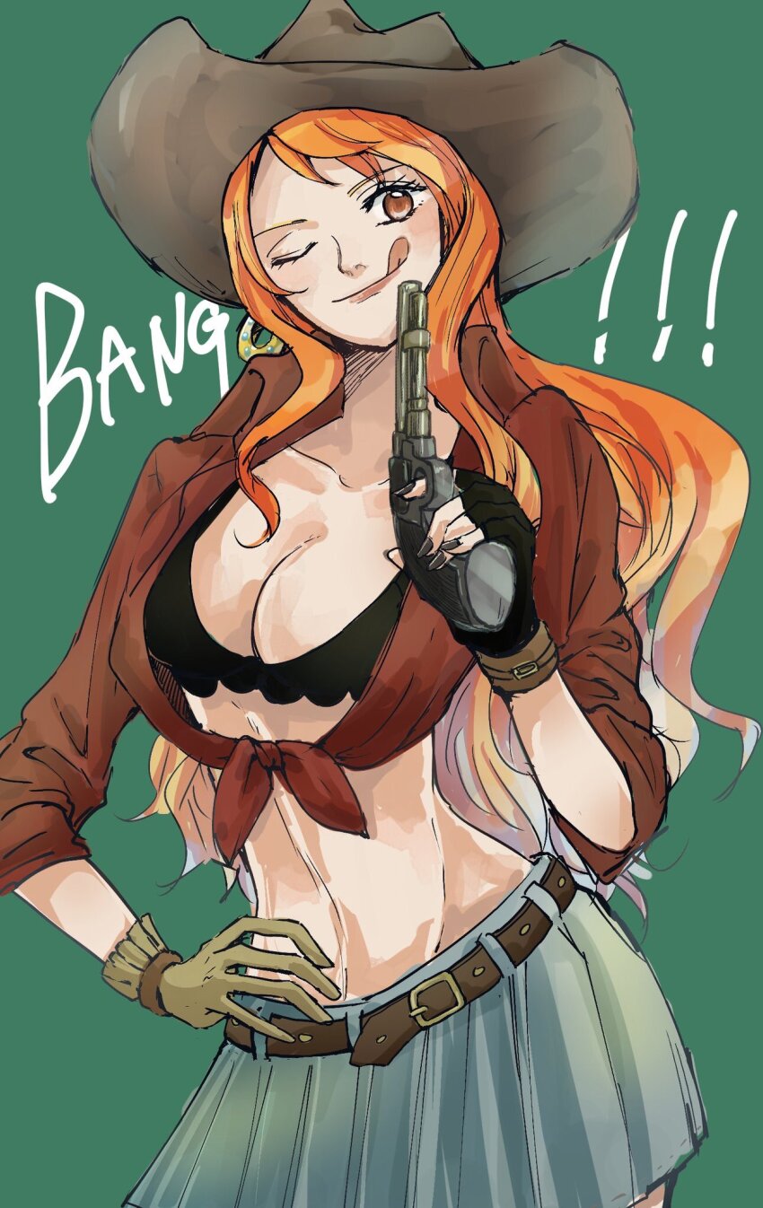 1girl, ;q, aji_of_aji55, belt, belt_buckle, black_bra, black_gloves, black_nails