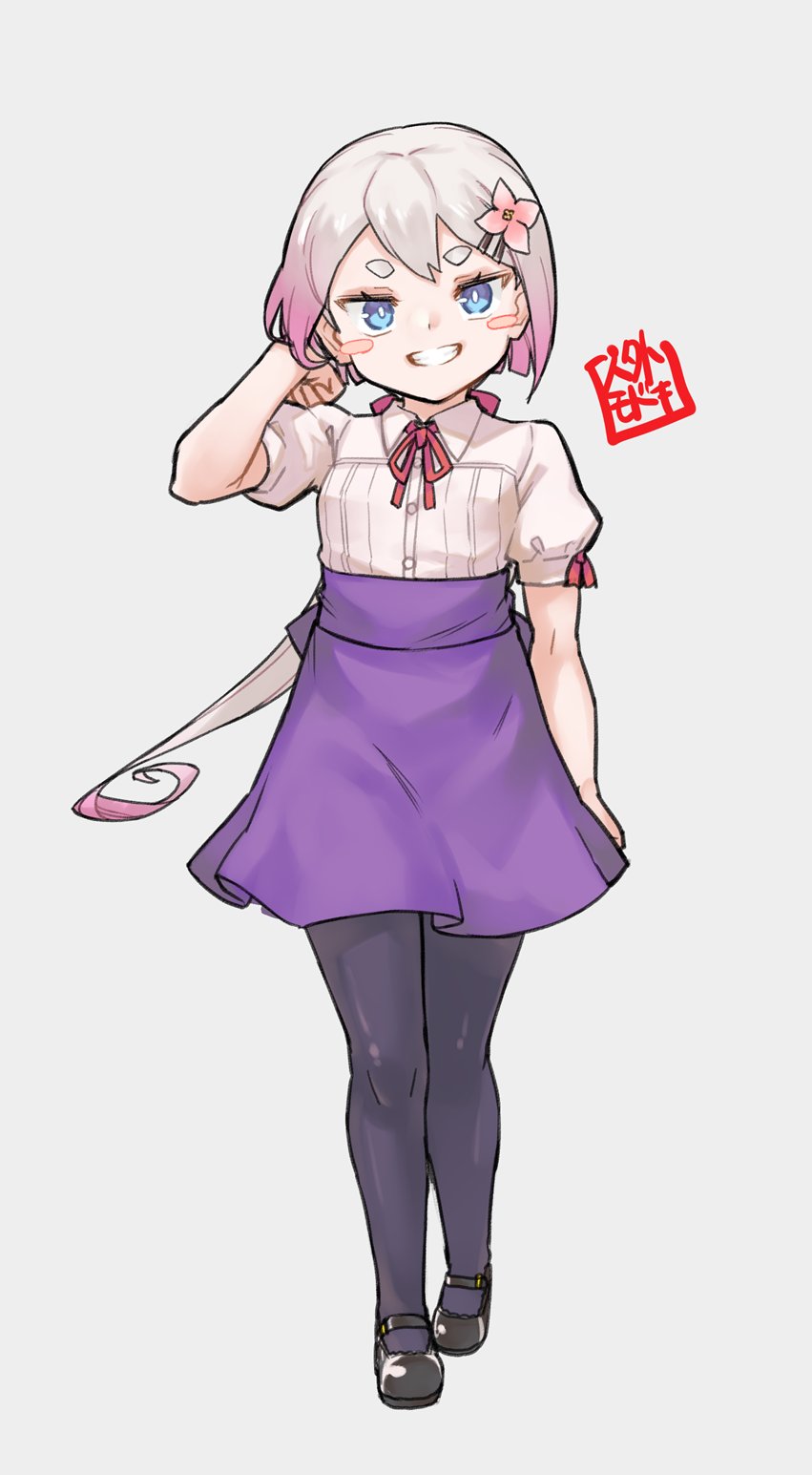 1girl, adjusting_hair, black_pantyhose, black_shoes, blush_stickers, breasts, colored_tips, commentary