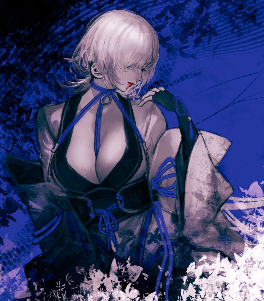 1girl, breasts, cleavage, closed_eyes, commentary_request, highres, japanese_clothes, kimono, large_breasts, miko, momota_ro5555, ninja_gaiden, ninja_gaiden_4, obi, obijime, open_clothes, open_kimono, red_lips, sash, seori_(ninja_gaiden), solo, white_kimono