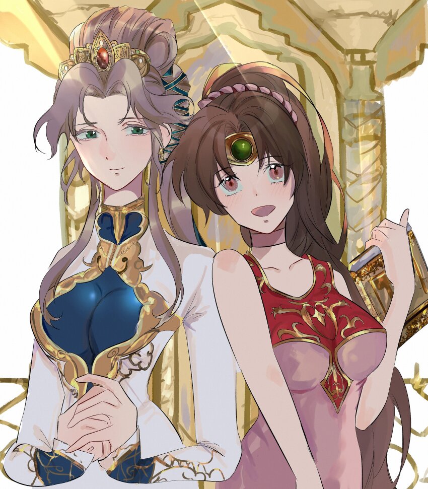 2girls, absurdres, bare_shoulders, blonde_hair, book, breasts, brown_eyes, brown_hair