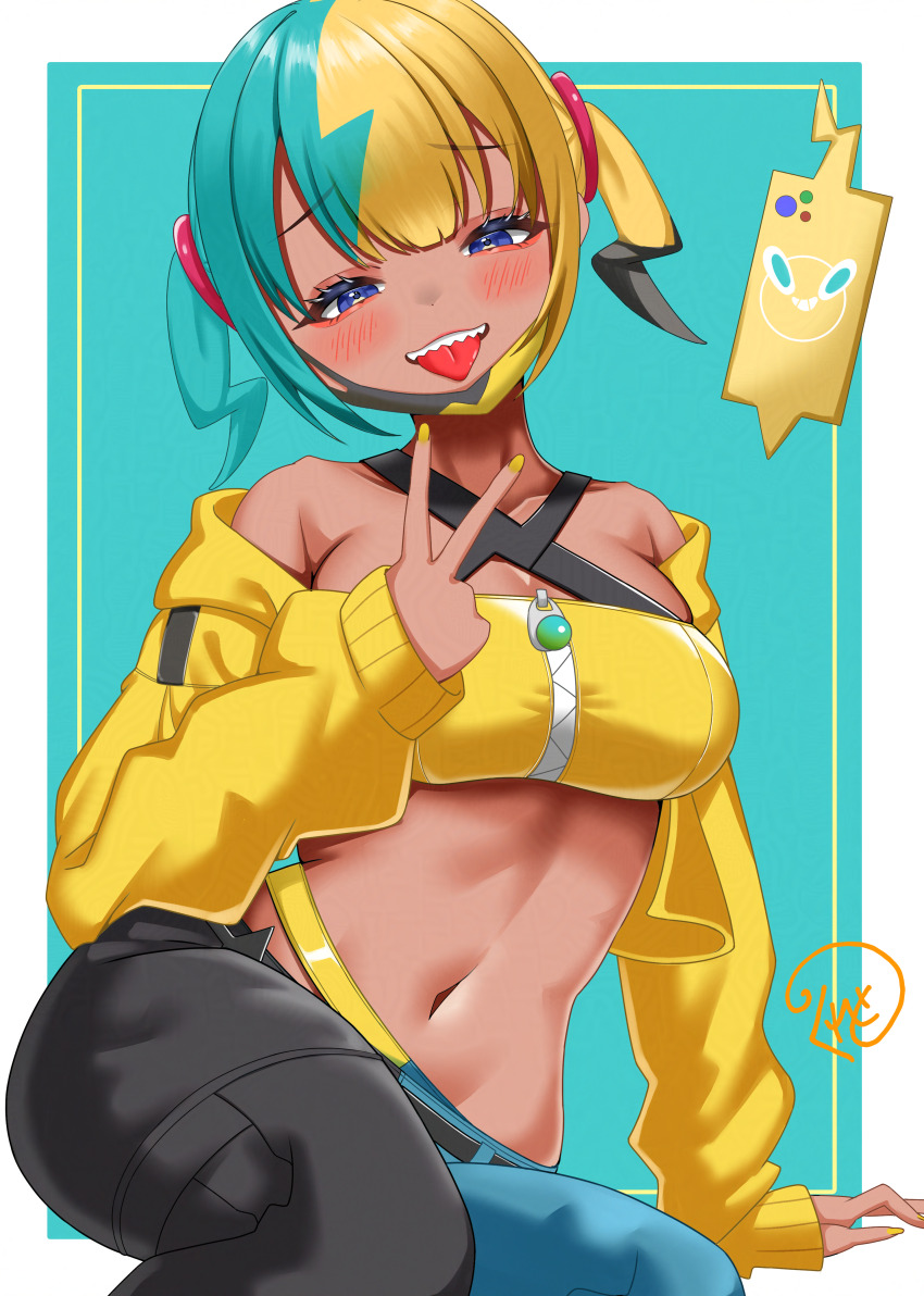 1girl, absurdres, aqua_background, arm_support, bandeau, belt, black_belt, blue_eyes, breasts, canari_(pokemon), commentary_request, eyelashes, gen_4_pokemon, half-closed_eyes, hand_up, highres, inward_v, jacket, kureto0130, long_sleeves, multicolored_hair, nail_polish, navel, nintendo, off_shoulder, open_clothes, open_jacket, pants, pokemon, pokemon_legends:_z-a, rotom, rotom_phone, short_twintails, signature, sitting, sleeves_past_wrists, teeth, tongue, tongue_out, twintails, upper_teeth_only, v, yellow_bandeau, yellow_jacket, yellow_nails, zipper, zipper_pull_tab