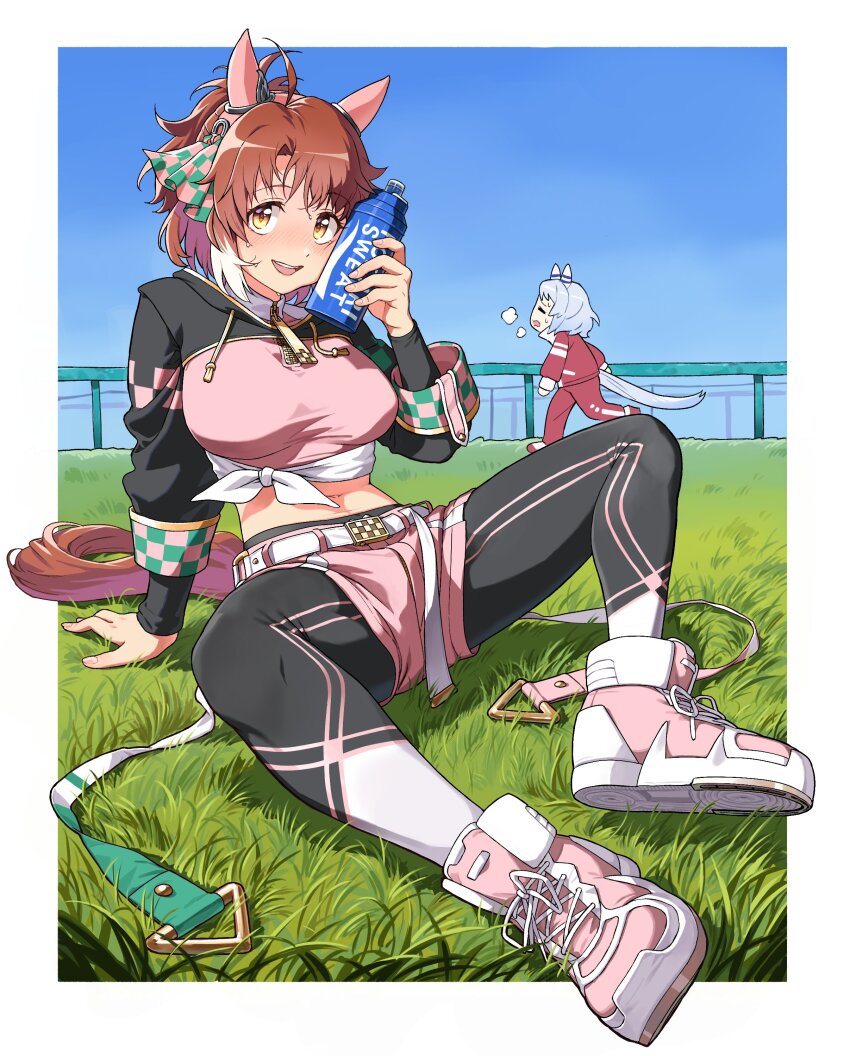 2girls, absurdres, ahoge, animal_ears, asdf_4532, black_leggings, black_shrug, blue_sky