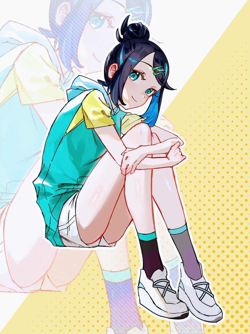 1girl, aqua_eyes, black_hair, black_socks, closed_mouth, commentary_request, copituji, full_body, green_vest, hair_bun, hair_ornament, hairclip, highres, hood, hood_down, hooded_vest, hoodie, hugging_own_legs, invisible_chair, liko_(pokemon), nintendo, pokemon, pokemon_(anime), pokemon_horizons, shirt, shoes, short_sleeves, shorts, sitting, smile, socks, solo, swept_bangs, vest, white_shoes, white_shorts, yellow_shirt, zoom_layer