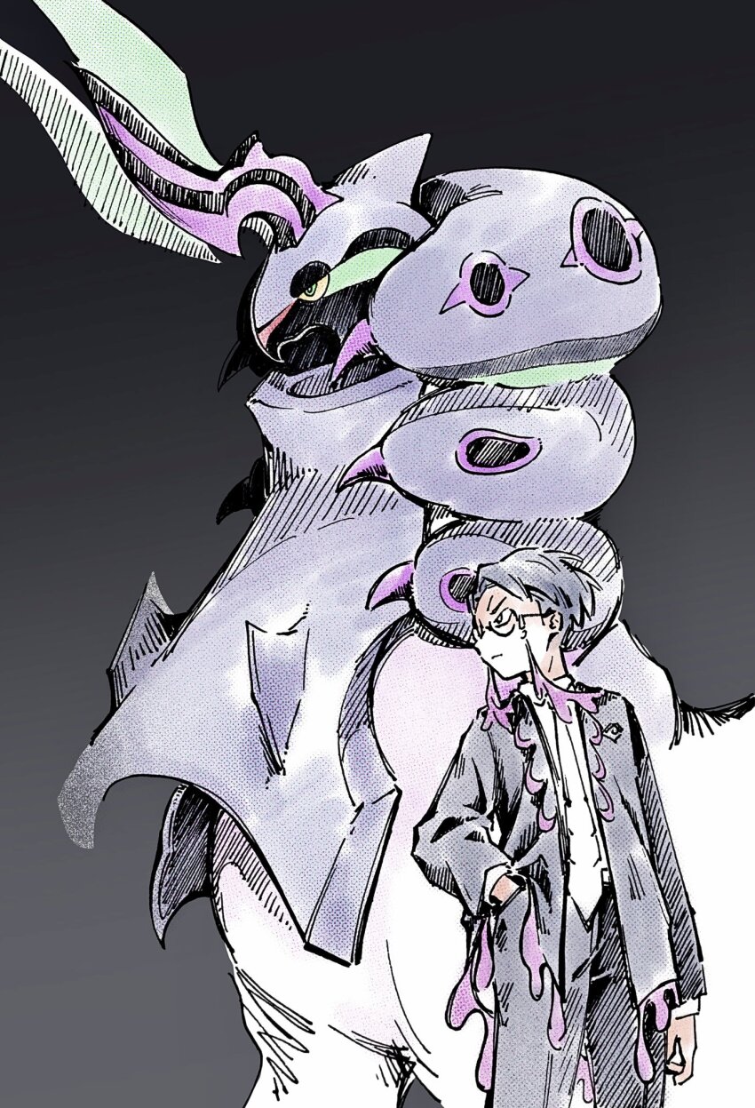 1boy, black_hair, black_jacket, black_pants, closed_mouth, corbeau_(pokemon), gen_5_pokemon, glasses