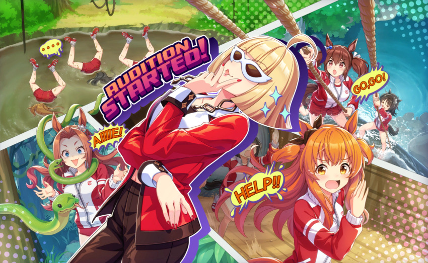 >_<, ..., 6+girls, ahoge, artist_request, bare_legs, beauty_anshinzawa, black_hair