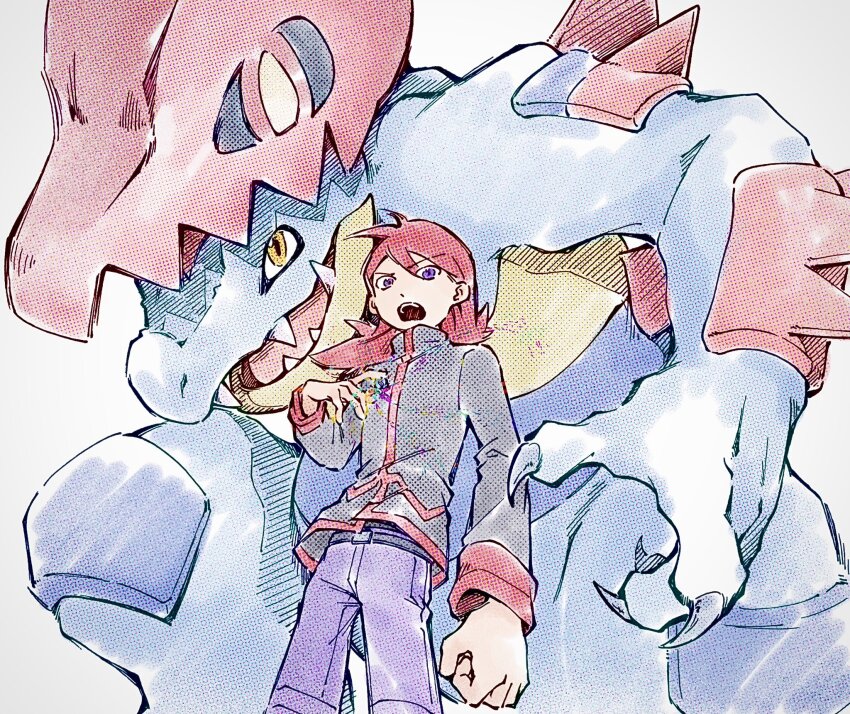 1boy, animal_helmet, brooch, claws, cowboy_shot, cowlick, feraligatr, gen_2_pokemon