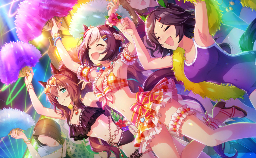 3girls, ^_^, animal_ears, ankle_bow, ankle_ribbon, artist_request, bare_arms, bare_shoulders