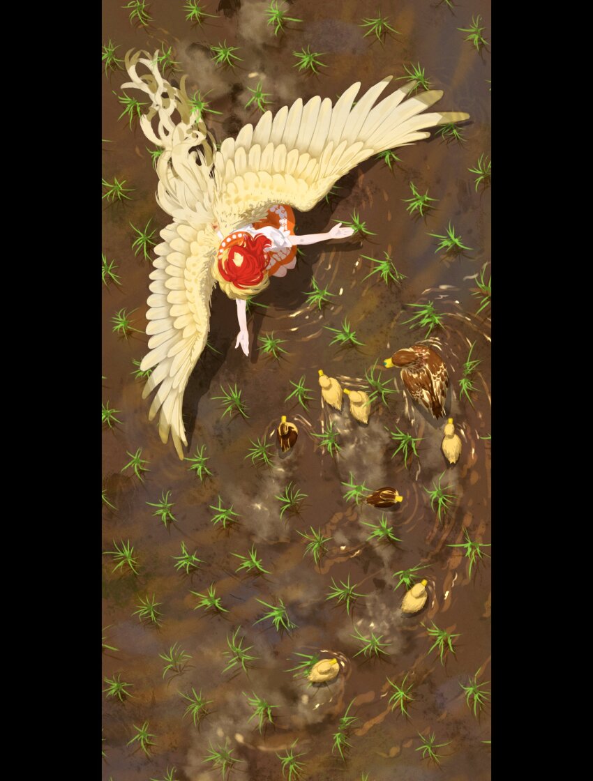 1girl, animal, animal_on_head, baby_animal, beckoning, bird, bird_on_head, bird_tail