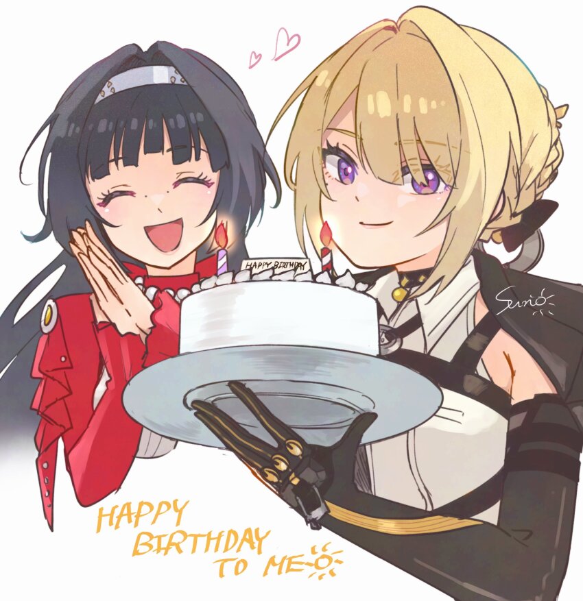 2girls, artist_name, astra_yao, black_gloves, black_hair, blonde_hair, blunt_bangs, breasts, cake, closed_eyes, evelyn_chevalier, food, gloves, happy_birthday, highres, holding, holding_cake, holding_food, looking_at_viewer, multiple_girls, purple_eyes, smile, sun_(knp_ta1y0), white_background, zenless_zone_zero