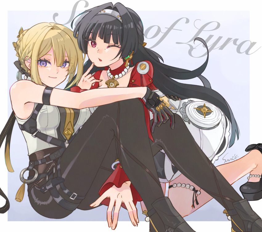 2girls, arm_strap, astra_yao, black_gloves, black_hair, blonde_hair, blunt_bangs, evelyn_chevalier, gloves, hairband, highres, long_hair, looking_at_viewer, multiple_girls, one_eye_closed, purple_eyes, red_eyes, sitting, sun_(knp_ta1y0), white_hairband, zenless_zone_zero