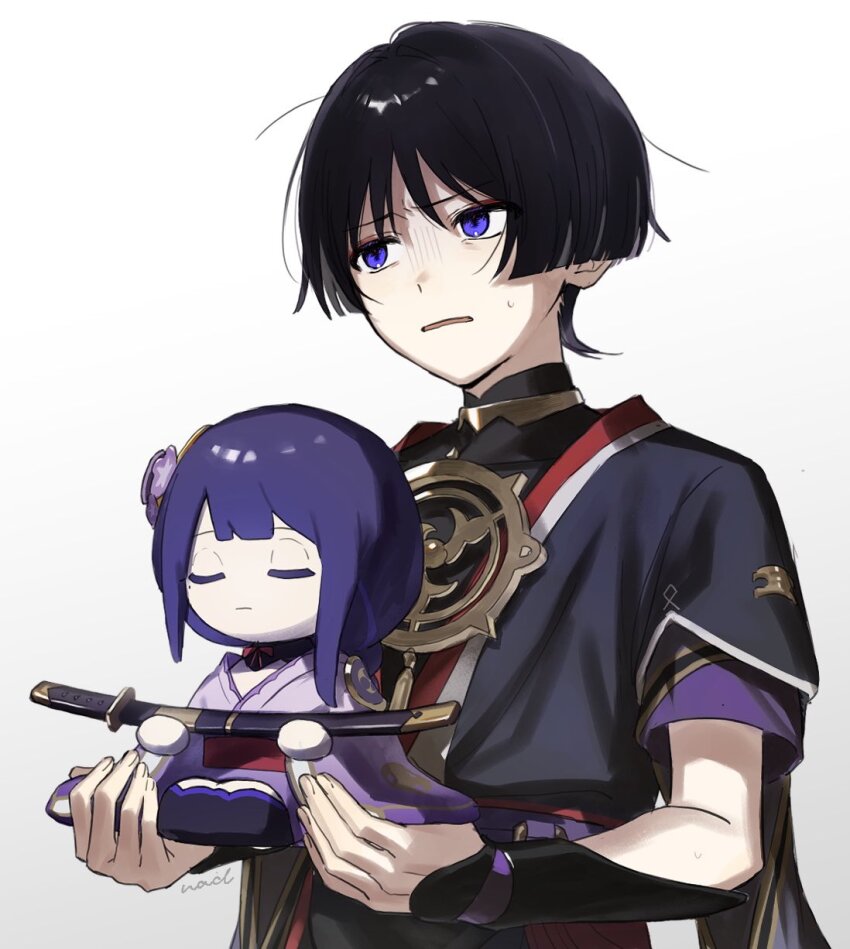 1boy, annoyed, artist_name, black_hair, character_doll, closed_eyes, closed_mouth, doll