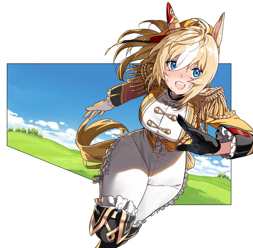 1girl, absurdres, animal_ears, asdf_4532, asymmetrical_gloves, asymmetrical_jacket, black_gloves, blonde_hair