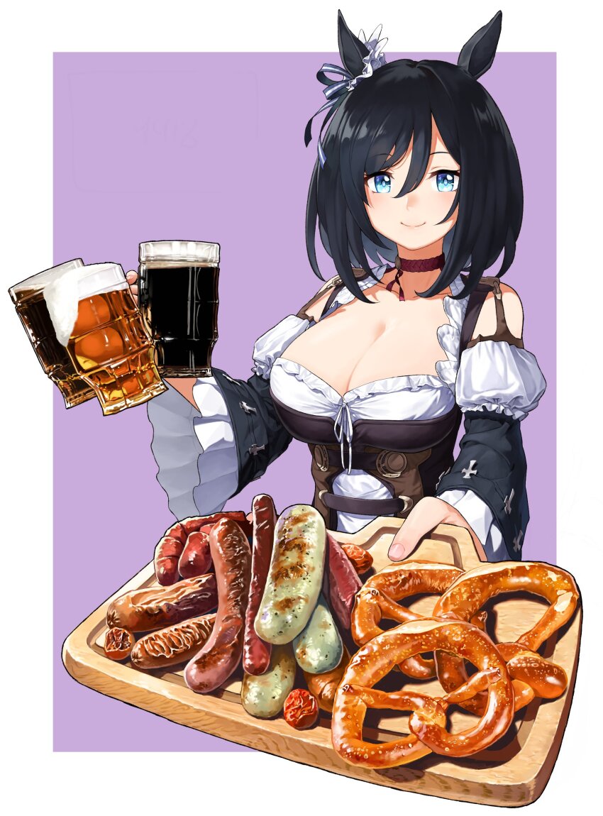 1girl, absurdres, animal_ears, asdf_4532, beer_mug, black_choker, black_hair, blue_eyes