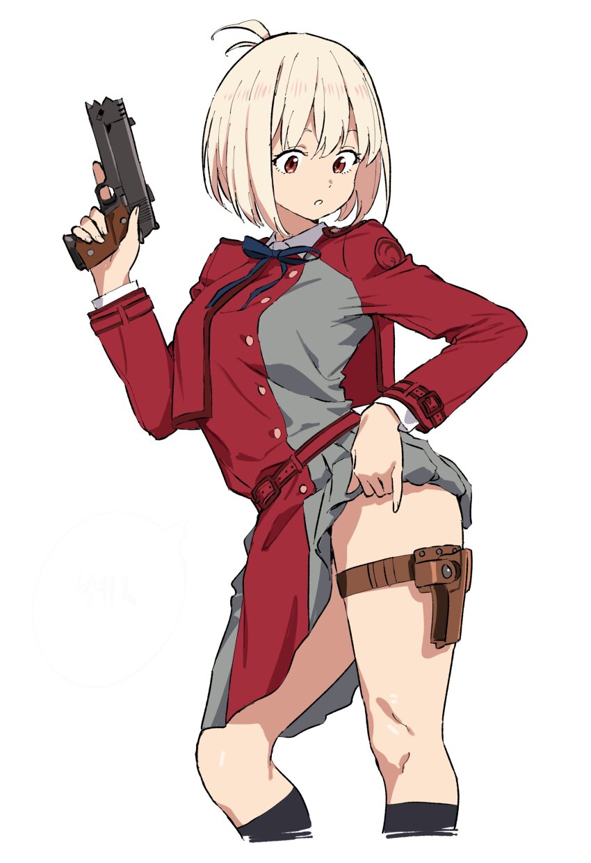 1girl, absurdres, asdf_4532, belt, black_socks, blonde_hair, blue_ribbon, bob_cut