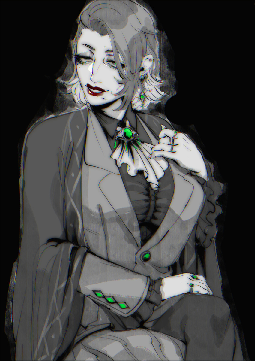 1girl, absurdres, aquiline_nose, bags_under_eyes, black_background, blackberreh-art, breasts, earrings, elias_bouchard, eyelashes, genderswap, genderswap_(mtf), grey_hair, highres, jewelry, large_breasts, lips, mature_female, medium_hair, mole, mole_under_mouth, nose, parted_lips, red_lips, ring, sketch, skirt, solo, spot_color, the_magnus_archives, unfinished