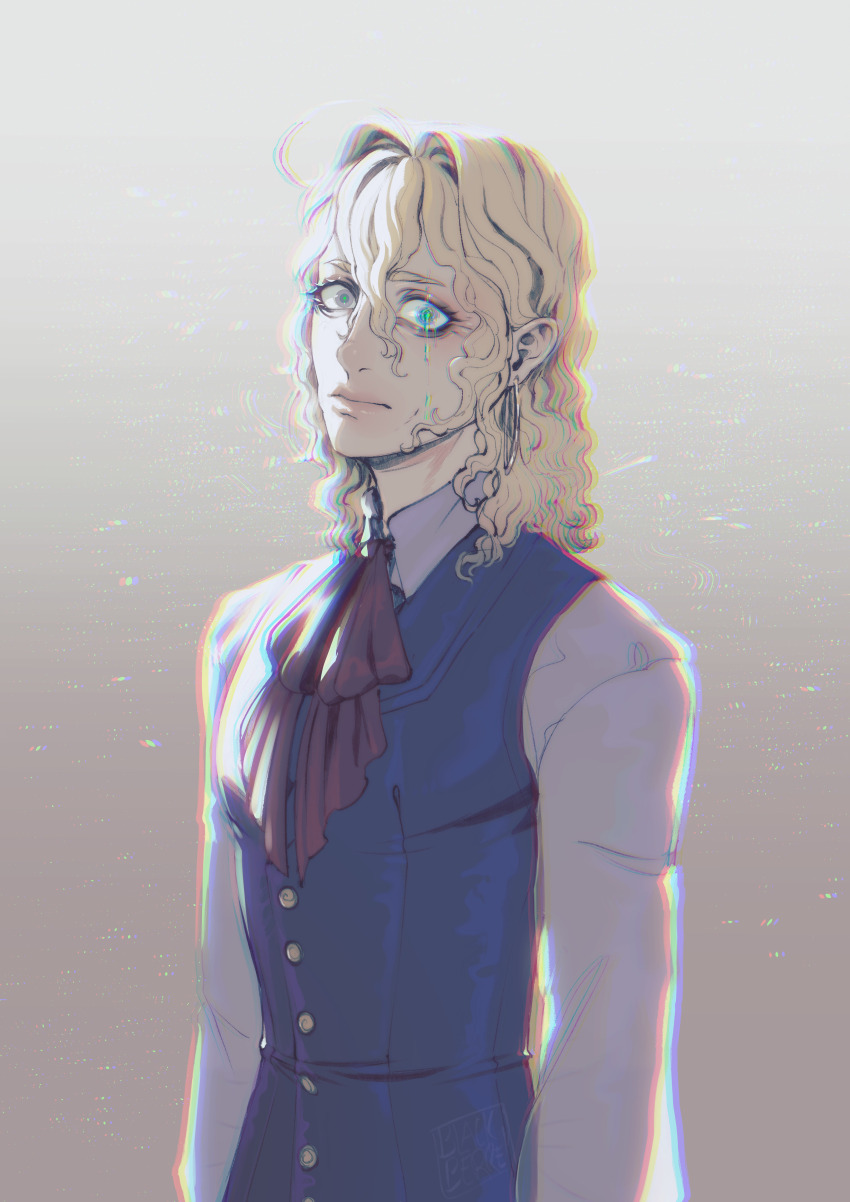 1boy, absurdres, blackberreh-art, blonde_hair, bow, closed_mouth, collared_shirt, crow's_feet
