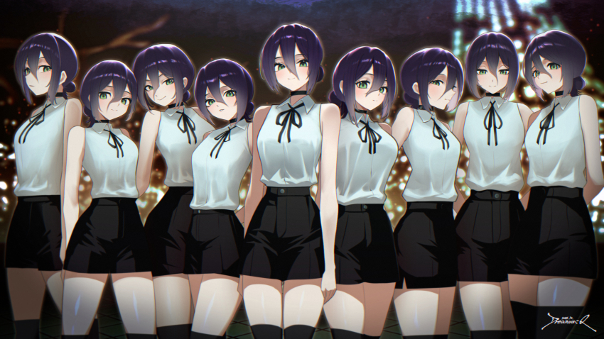 6+girls, arms_behind_back, black_choker, black_ribbon, black_shorts, black_thighhighs, chainsaw_man, choker