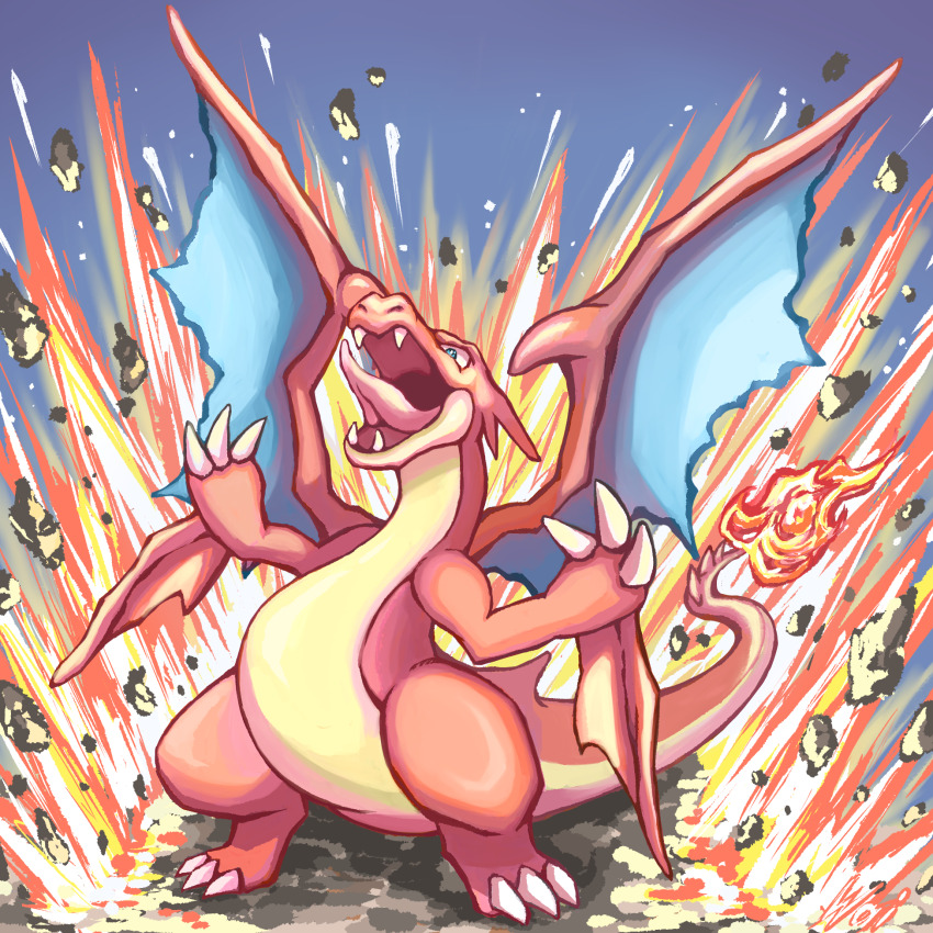 aqua_eyes, charizard, claws, commentary_request, debris, dragon, dragon_wings, explosion