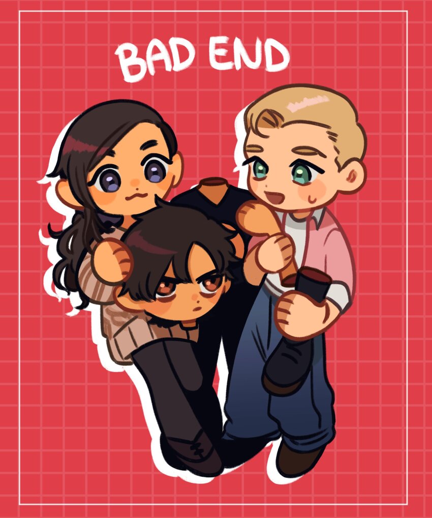 1girl, 2boys, :3, bad_end, black_pantyhose, black_shirt, blonde_hair, blue_pants