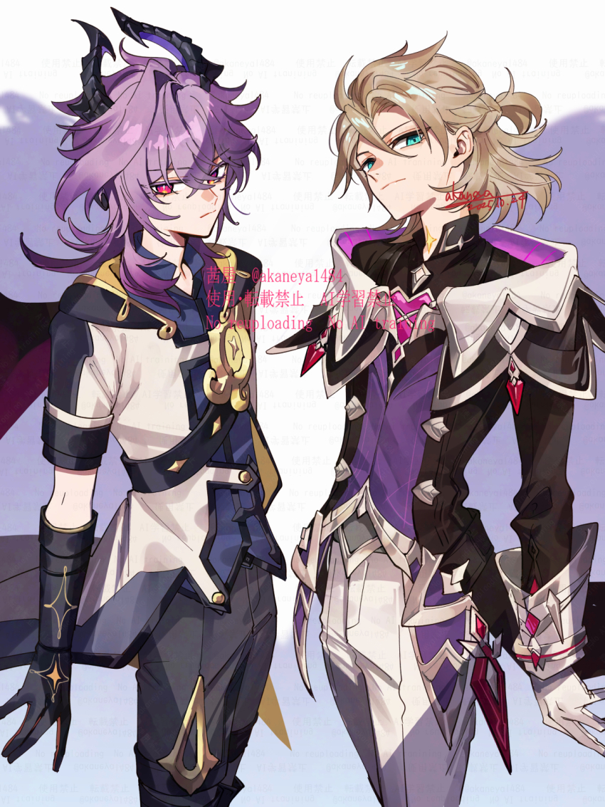 2boys, akaneya_(akaneya1484), albedo_(genshin_impact), albedo_(genshin_impact)_(cosplay), aqua_eyes, artist_name, belt, black_belt