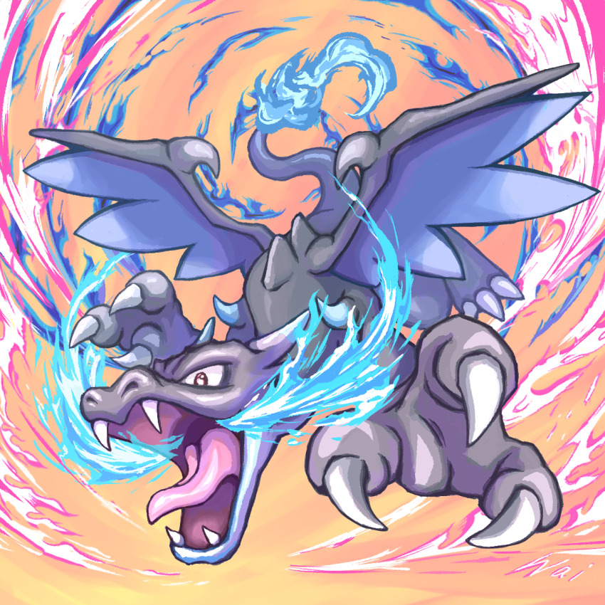 blue_fire, breath_weapon, breathing_fire, charizard, claws, commentary_request, dragon, dragon_wings