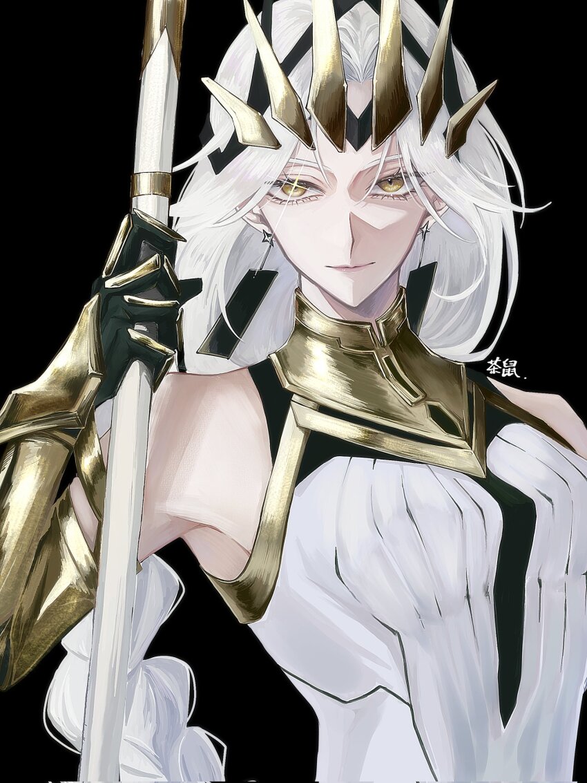 1girl, armor, armored_gloves, bare_shoulders, black_background, braid, breasts, cha_nez