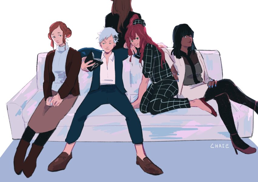 5girls, absurdres, alice_(kyokugen_dasshutsu), alternate_costume, artist_name, black_flower, black_pants, black_pantyhose