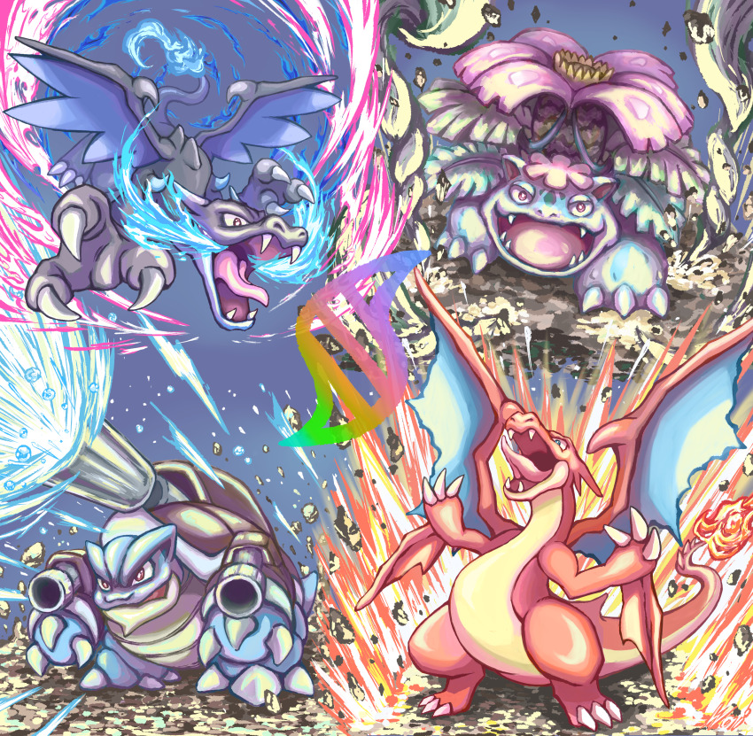 absurdres, aqua_eyes, blastoise, blue_fire, breath_weapon, breathing_fire, bright_pupils, brown_eyes, cannon, charizard, claws, commentary_request, debris, dragon, dragon_wings, explosion, fangs, fire, flame-tipped_tail, flower, flying, frenzy_plant_(pokemon), full_body, gen_1_pokemon, highres, hydro_cannon_(pokemon), leaf, mega_blastoise, mega_charizard_x, mega_charizard_y, mega_evolution_symbol, mega_pokemon, mega_venusaur, nintendo, no_humans, nostrils, open_mouth, pink_flower, plant, plant_roots, pokemon, pokemon_(creature), pokemon_focus, pokemon_move, red_eyes, shell, smile, spikes, spines, tail, tongue, venusaur, vines, wai152, water, white_pupils, wings