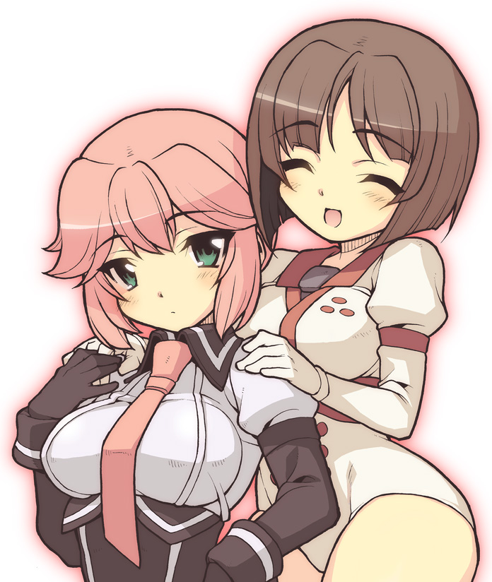 10s, 2girls, asuka_(busou_shinki), bad_id, bad_pixiv_id, bob_cut, breasts, brown_hair