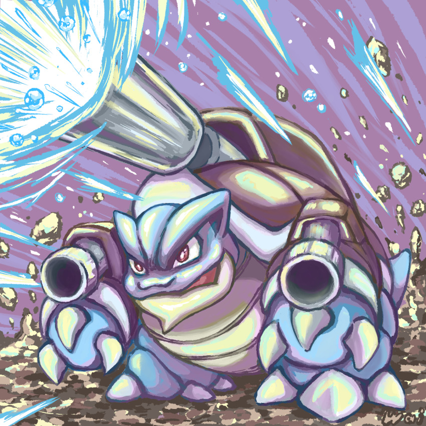 blastoise, bright_pupils, brown_eyes, cannon, claws, commentary_request, debris, full_body