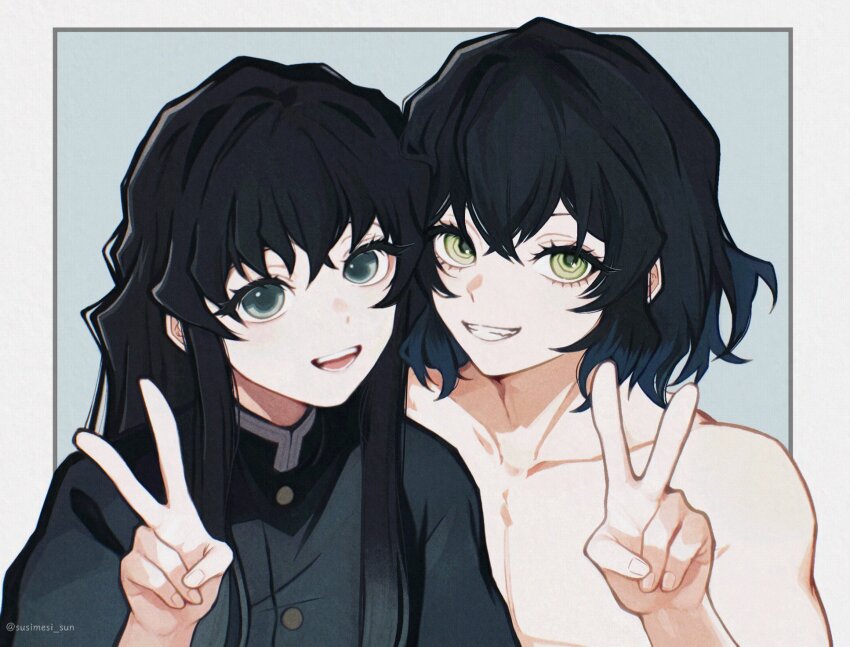 2boys, aqua_background, aqua_eyes, aqua_hair, black_hair, black_jacket, blue_hair, border