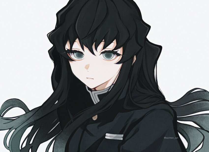 1boy, aqua_eyes, aqua_hair, black_hair, black_jacket, buttons, closed_mouth, empty_eyes