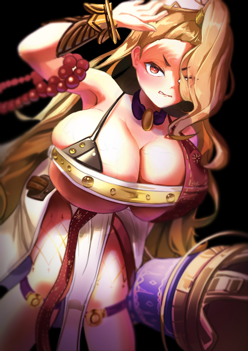 1girl, absurdres, black_background, breasts, bright_pupils, cleavage, go5ne, grimms_notes, highres, holding_cannon, huge_breasts, looking_at_viewer, orange_hair, red_eyes, sanzang_fashi_(grimms_notes), sanzang_fashi_(shinsei)_(grimms_notes), simple_background, solo, white_pupils