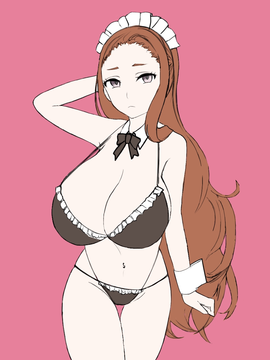 0vg2zj577884x7m, 1girl, bikini, breasts, brown_hair, closed_mouth, flat_color, grey_eyes