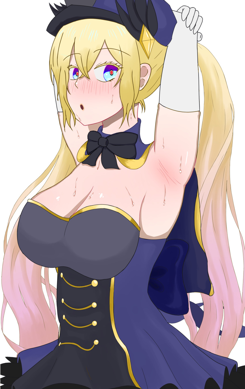 1girl, absurdres, aqua_eyes, armpits, blonde_hair, blue_capelet, blue_hat, breasts, capelet, chaos_gerda_(gakuen)_(grimms_notes), chaos_gerda_(grimms_notes), cleavage, grimms_notes, grimms_notes_gakuen, hat, highres, large_breasts, long_hair, parted_lips, red_pupils, simple_background, solo, twintails, user_ekmd7255, very_long_hair, white_background