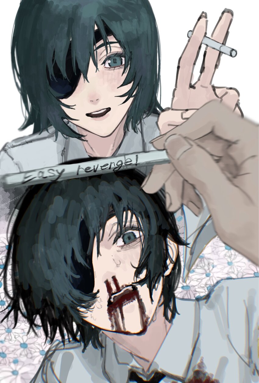 1girl, 1other, black_eyes, black_hair, blood, blood_from_mouth, chainsaw_man, cigarette