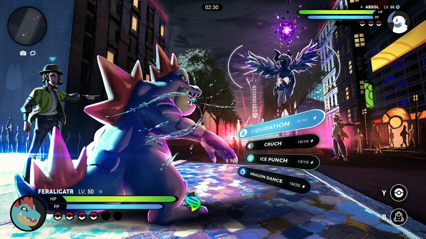 1boy, 1girl, absol, alligator, battle, black_hat, black_pants, building