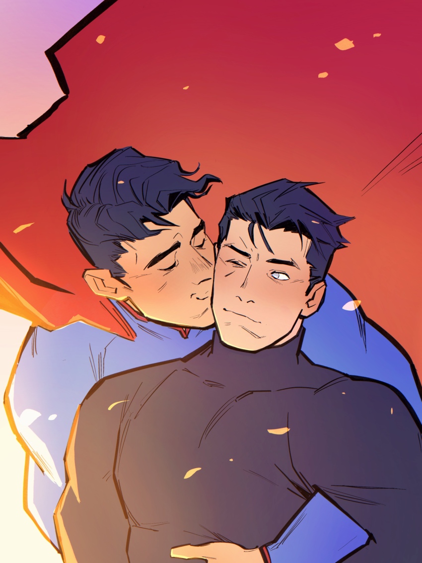 2boys, absurdres, batman, batman_(series), black_hair, black_shirt, blue_bodysuit, bodysuit, bruce_wayne, cape, closed_mouth, commentary, covered_collarbone, dc_comics, english_commentary, highres, hug, hug_from_behind, januariat108, kiss, kissing_cheek, long_sleeves, looking_at_another, looking_to_the_side, male_focus, multiple_boys, parted_hair, red_cape, shirt, short_hair, short_sideburns, sideburns, sideways_glance, smile, superhero_costume, superman, superman_(series), turtleneck, upper_body, yaoi