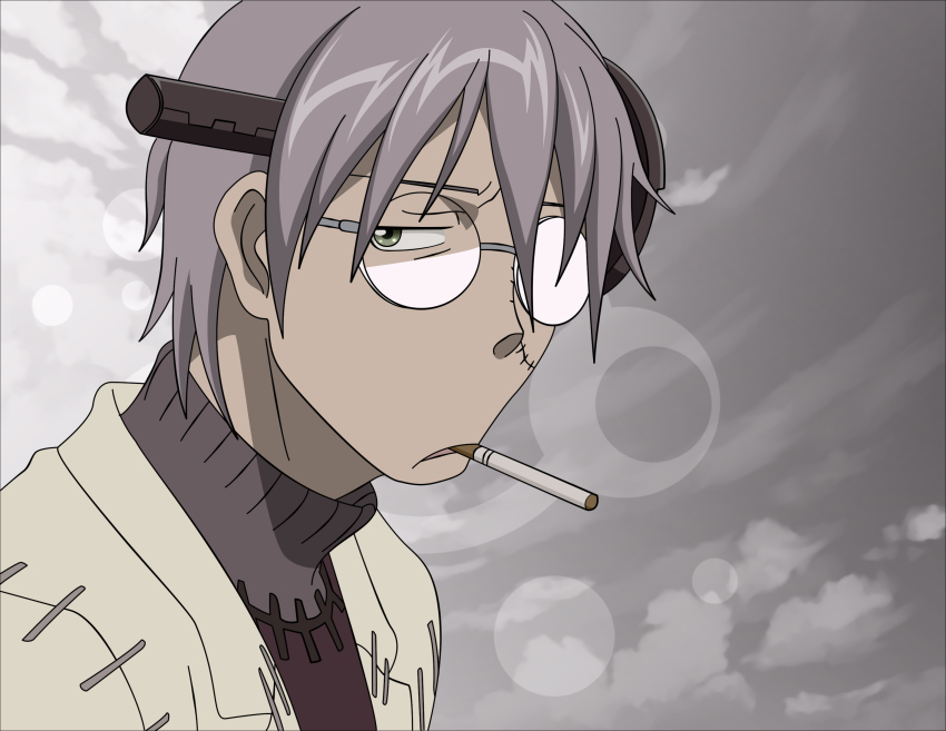 00s, 1boy, absurdres, cigarette, franken_stein_(soul_eater), glasses, highres, male_focus