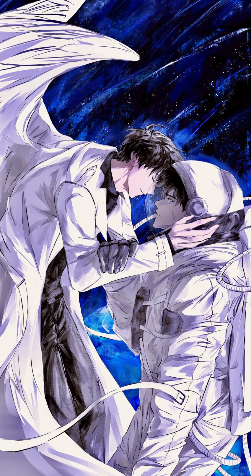 2boys, 8d2suga9, astronaut, black_gloves, black_hair, black_shirt, closed_eyes, coat