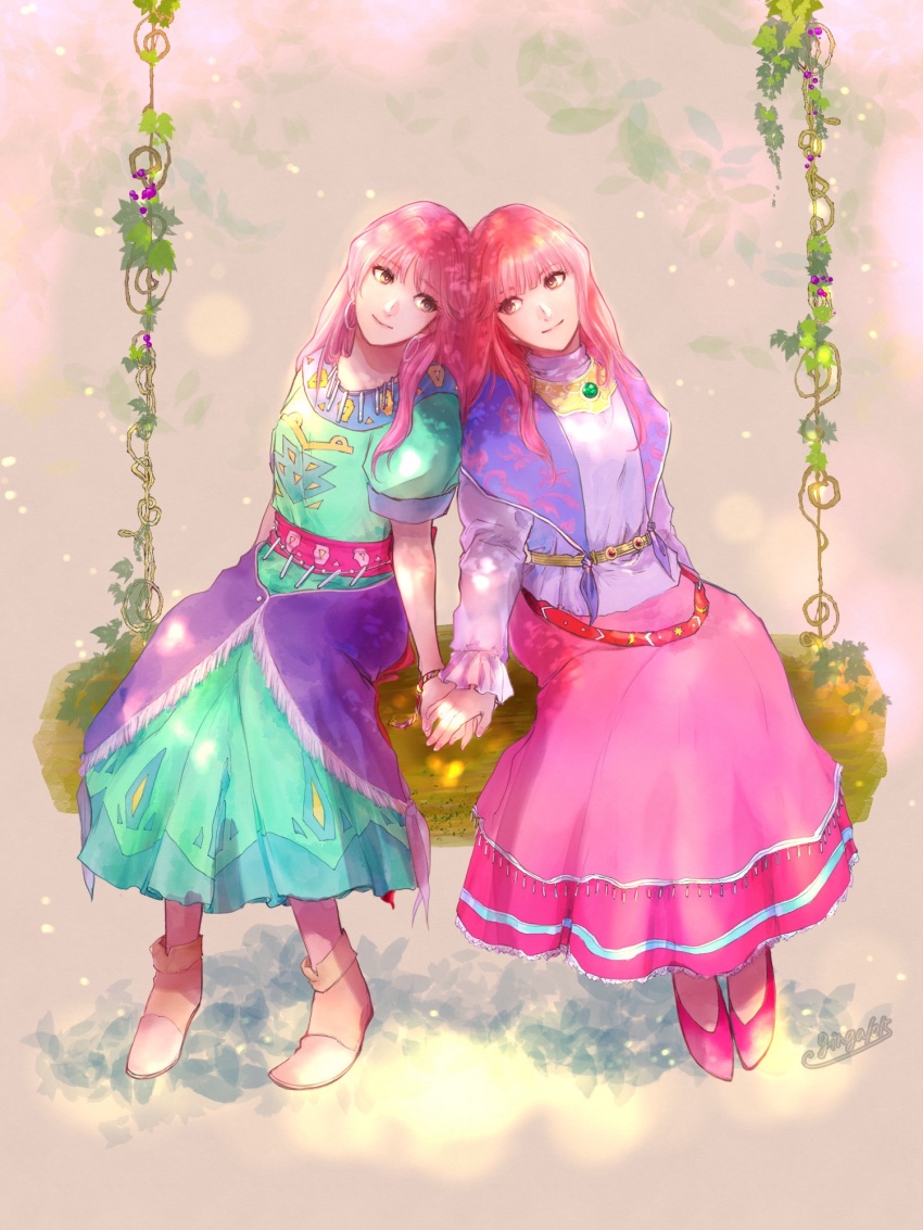 2girls, ankle_boots, aqua_dress, artist_name, boots, breasts, brown_boots, brown_eyes