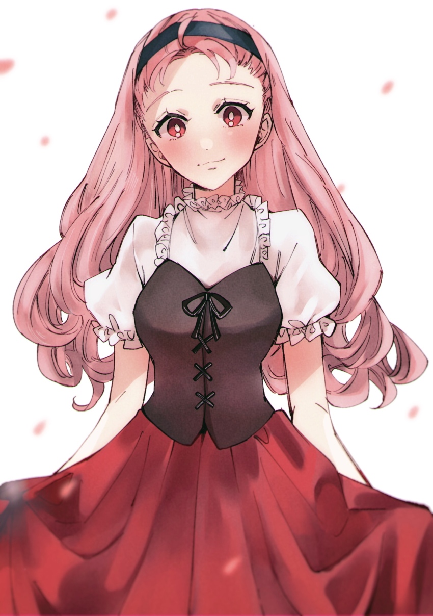 1girl, absurdres, black_hairband, blush, bokujou_monogatari, bokujou_monogatari_2, commentary_request, hairband, highres, long_hair, looking_at_viewer, petals, pink_eyes, pink_hair, popuri_(bokujou_monogatari), puffy_short_sleeves, puffy_sleeves, red_skirt, roji_(c2263r), short_sleeves, simple_background, skirt, smile, solo, white_background