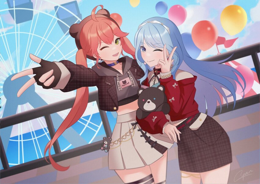 2girls, ahoge, balloon, blue_eyes, blue_hair, choker, cyan_2344, ferris_wheel