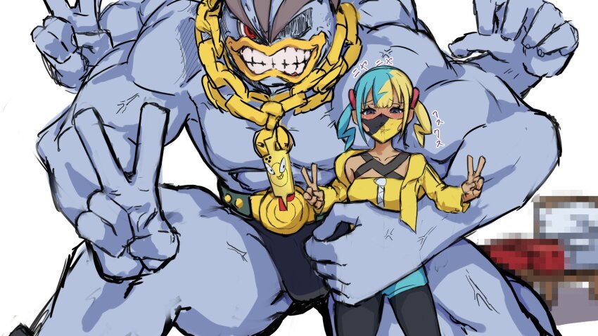 1girl, black_mask, blonde_hair, blue_hair, canari_(pokemon), collarbone, criss-cross_halter, crop_top, extra_arms, gen_1_pokemon, gen_4_pokemon, halterneck, highres, jacket, jewelry, machamp, mask, midriff, mouth_mask, multicolored_hair, muscular, navel, necklace, nintendo, perrone405, pokemon, pokemon_(creature), pokemon_legends:_z-a, rotom, rotom_phone, short_twintails, smile, split-color_hair, twintails, two-tone_hair, two-tone_mask, v, yellow_jacket, yellow_mask