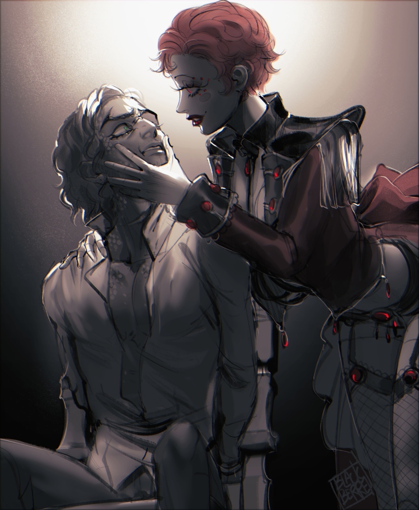 1boy, 1girl, beaded_eyelashes, blackberreh-art, design_speculation, doll_joints, eyelashes, green_eyes