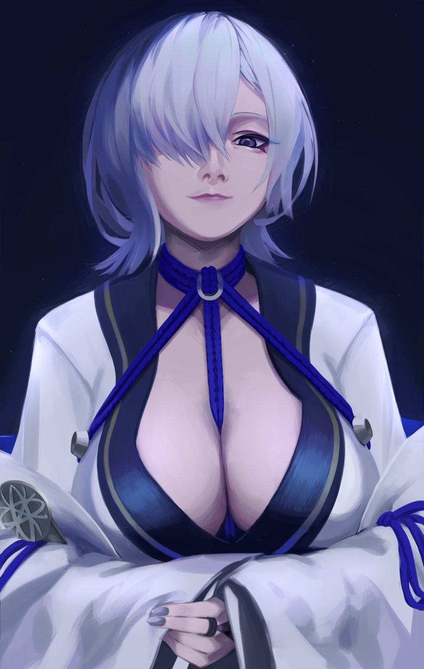 1girl, absurdres, breasts, cleavage, grey_hair, hair_over_one_eye, highres, hou_lai