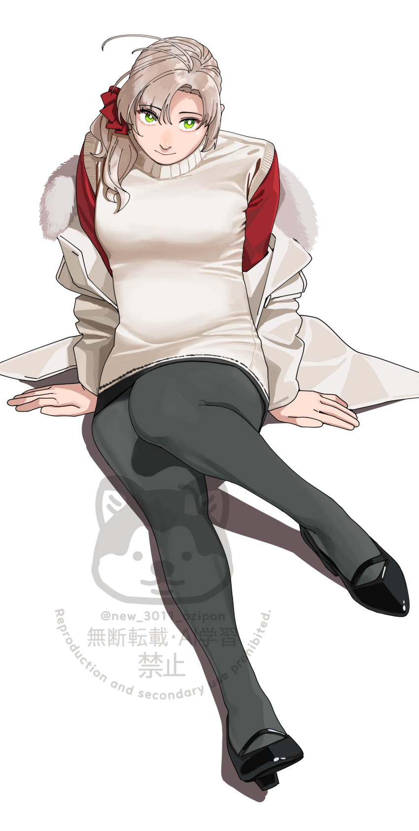 1girl, absurdres, antenna_hair, blush, breasts, coat, dress, fur-trimmed_coat