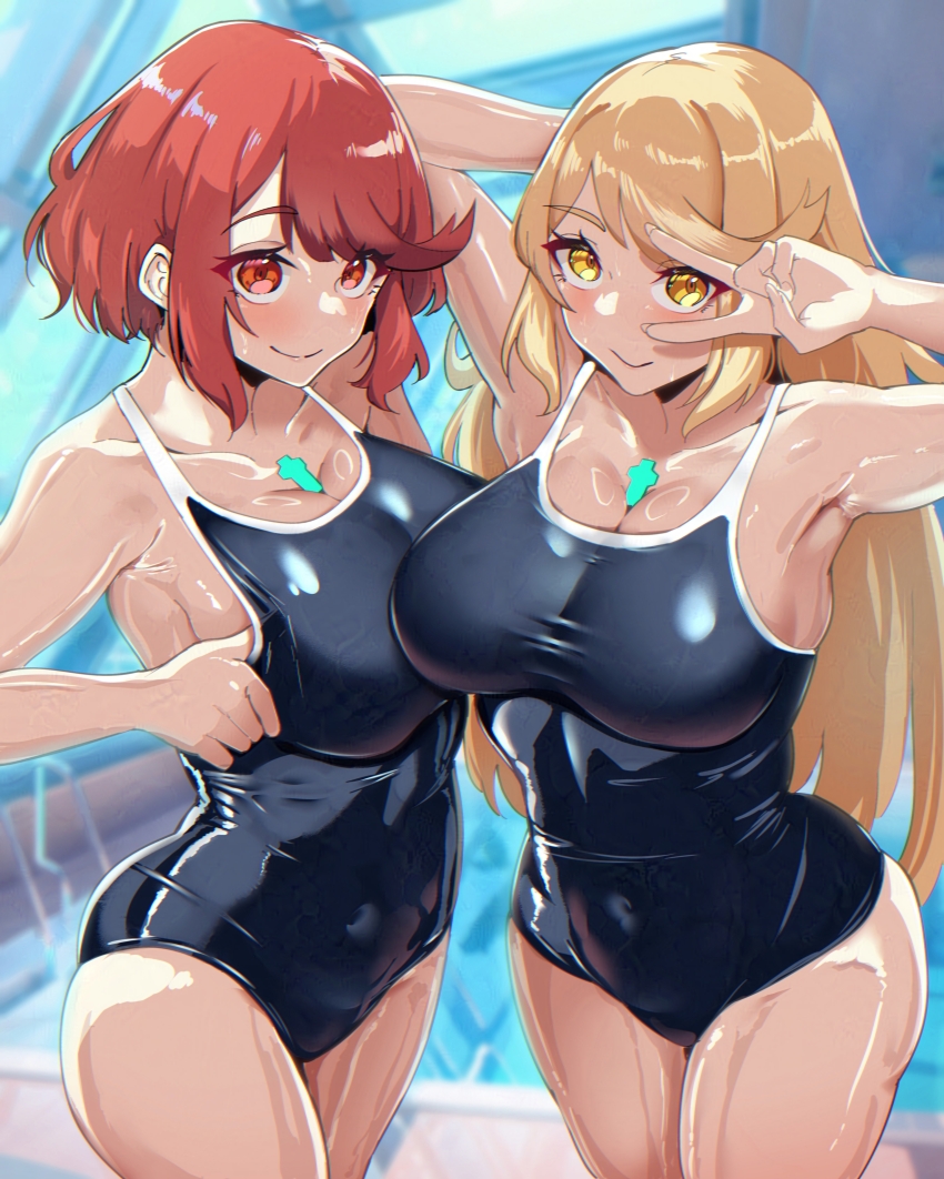 2girls, absurdres, blonde_hair, blue_one-piece_swimsuit, breasts, chest_jewel, competition_school_swimsuit, core_crystal_(xenoblade)